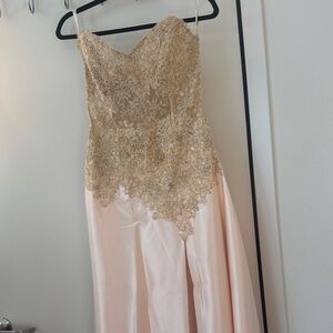 Jovani Blush Satin Gown with Gold Lace Appliqué